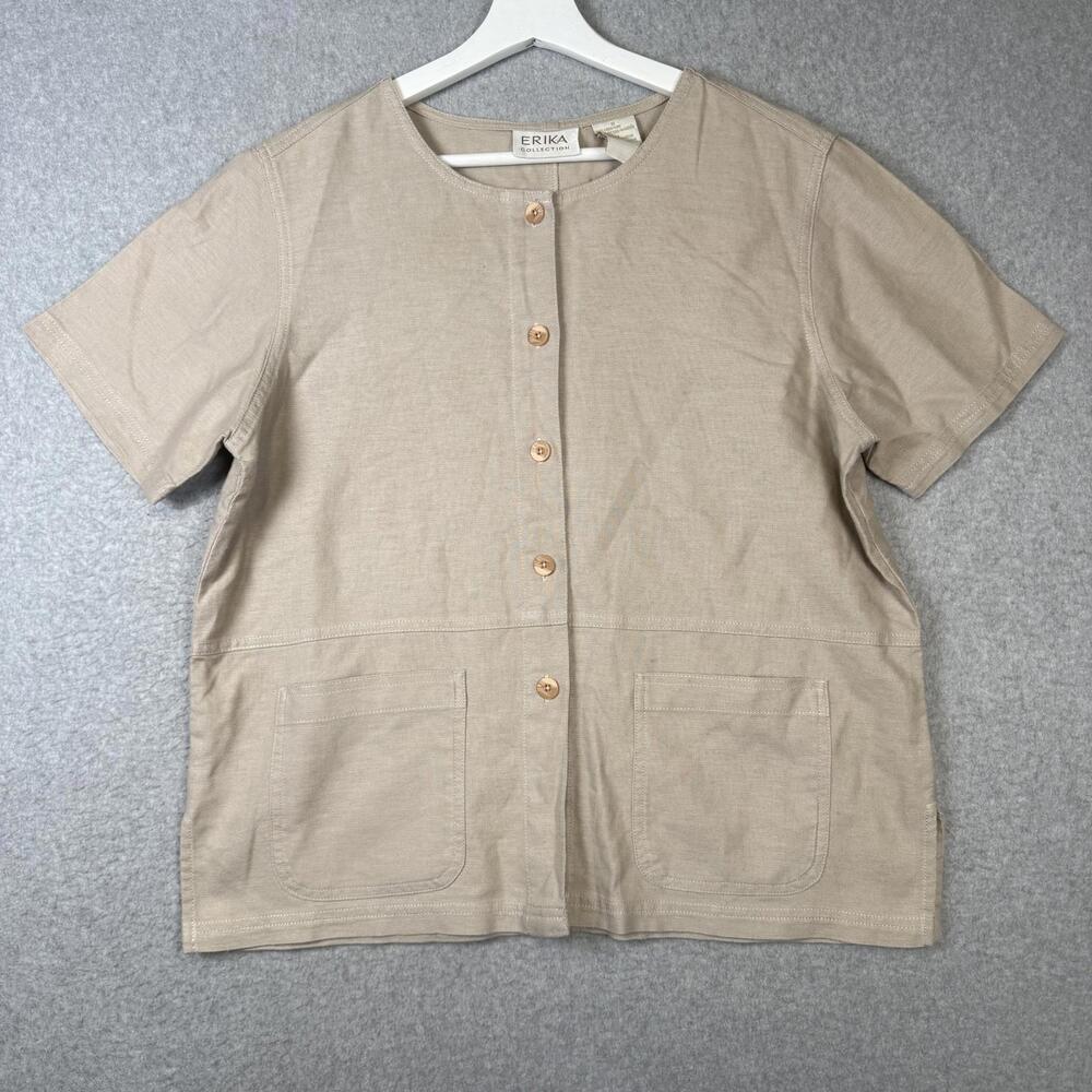 Vintage Erika Collection Womens Size Small Tan Linen Blend Button Down Shirt Top